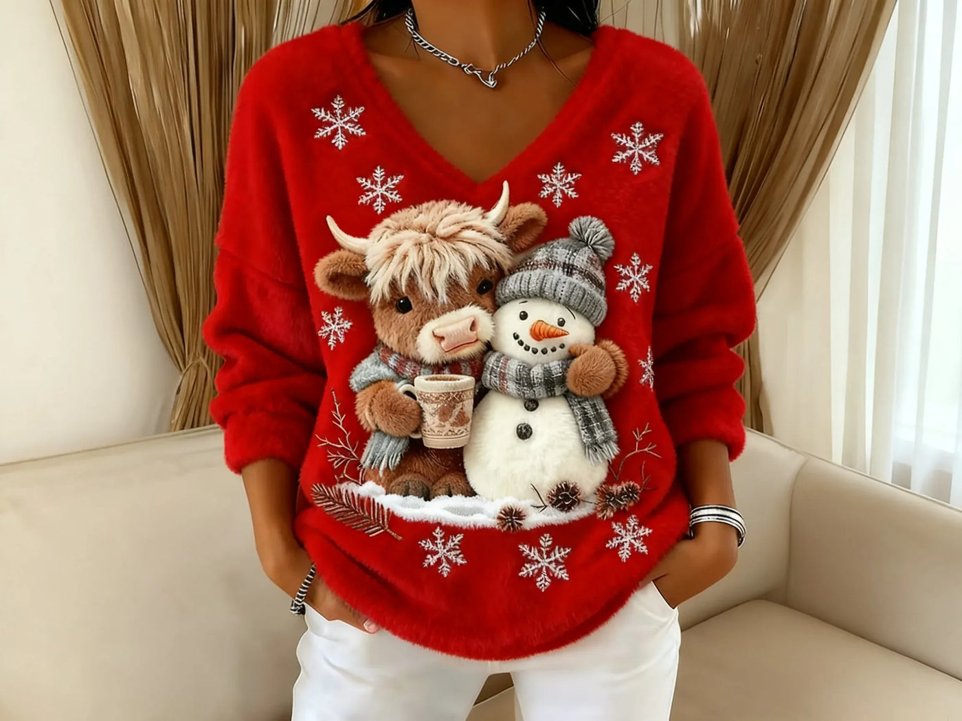 🎁💫 Holiday Edition – Women’s V-Neck Blouse with Cute Highland Cow “Yeti” Design