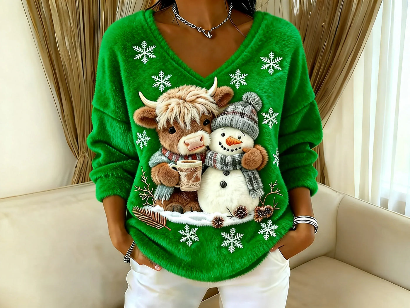 🎁💫 Holiday Edition – Women’s V-Neck Blouse with Cute Highland Cow “Yeti” Design