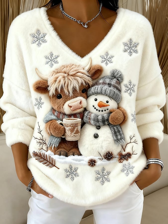 🎁💫 Holiday Edition – Women’s V-Neck Blouse with Cute Highland Cow “Yeti” Design