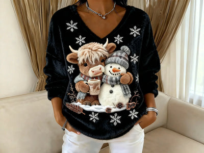 🎁💫 Holiday Edition – Women’s V-Neck Blouse with Cute Highland Cow “Yeti” Design