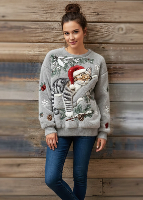 🎄 Christmas Sweater ~ Cats with an Adorable 3D Applique
