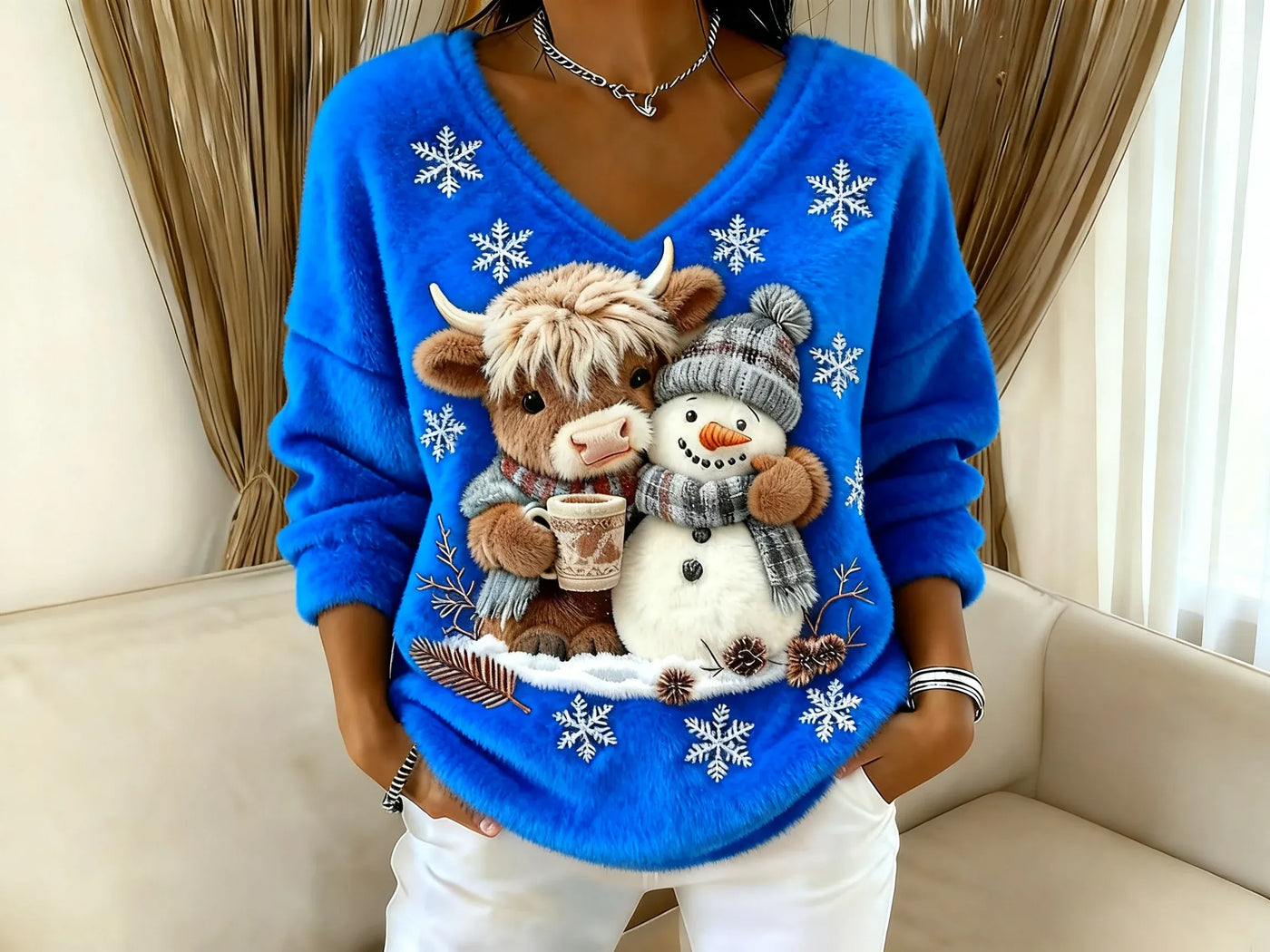 🎁💫 Holiday Edition – Women’s V-Neck Blouse with Cute Highland Cow “Yeti” Design